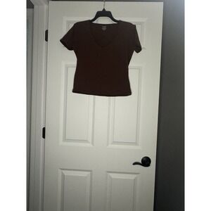 Pumiey Short Sleeve V Neck Crop Top T Shirt Brown Xl